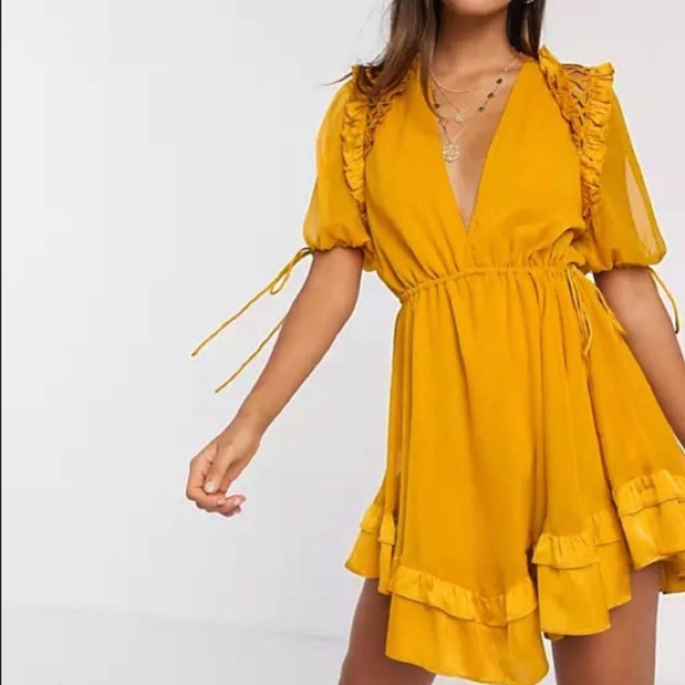 NWOT ASOS Design Mustard Yellow Mini V-Neck Ruffle Dress 12